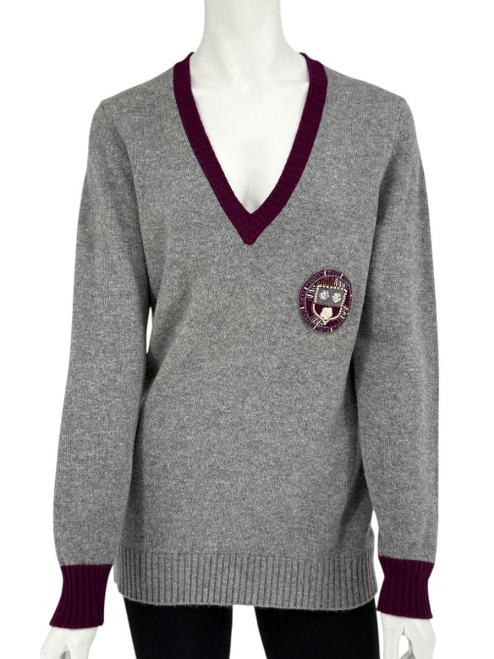 Chanel 2007A Grey and Purple Cashmere Beaded Crest Detail V Neck Sweater